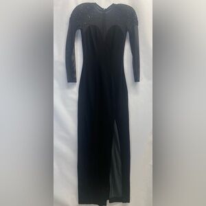 Vintage Tadashi Black Long Mesh Sleeve Gown with Embellished Padded Shoulders